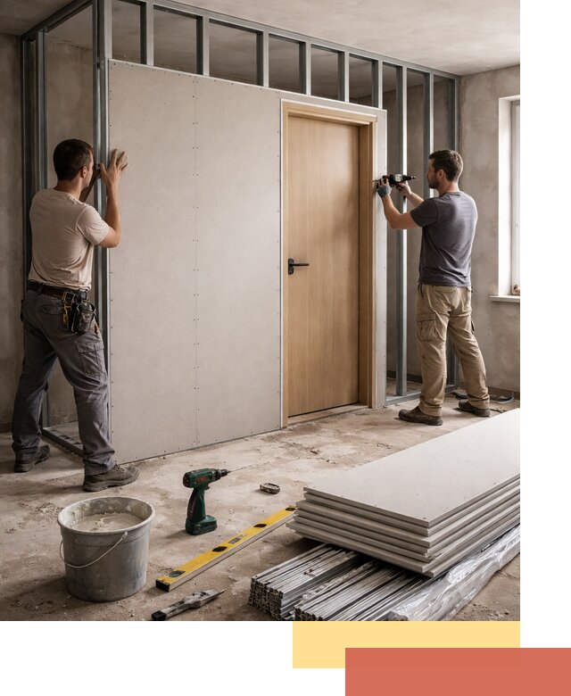 Перегородка из гипсокартона с дверью под ключ в Клинцах