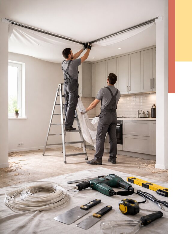 Установка натяжного потолка на кухне в Клинцах от 2495 руб. | ОТДЕЛОЧНИК-Клы