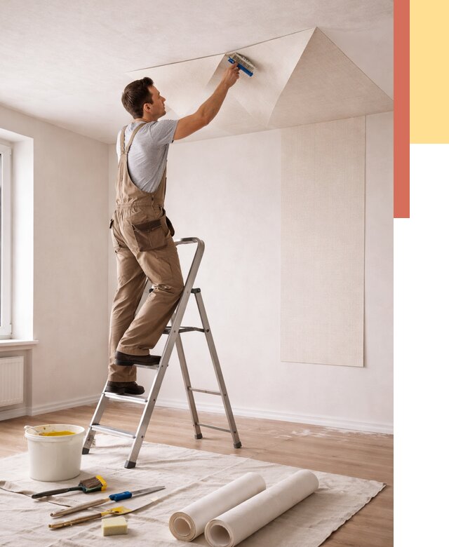 Поклейка обоев на потолок в Клинцах от 4678 руб. быстро и недорого | ОТДЕЛОЧНИК-Клы